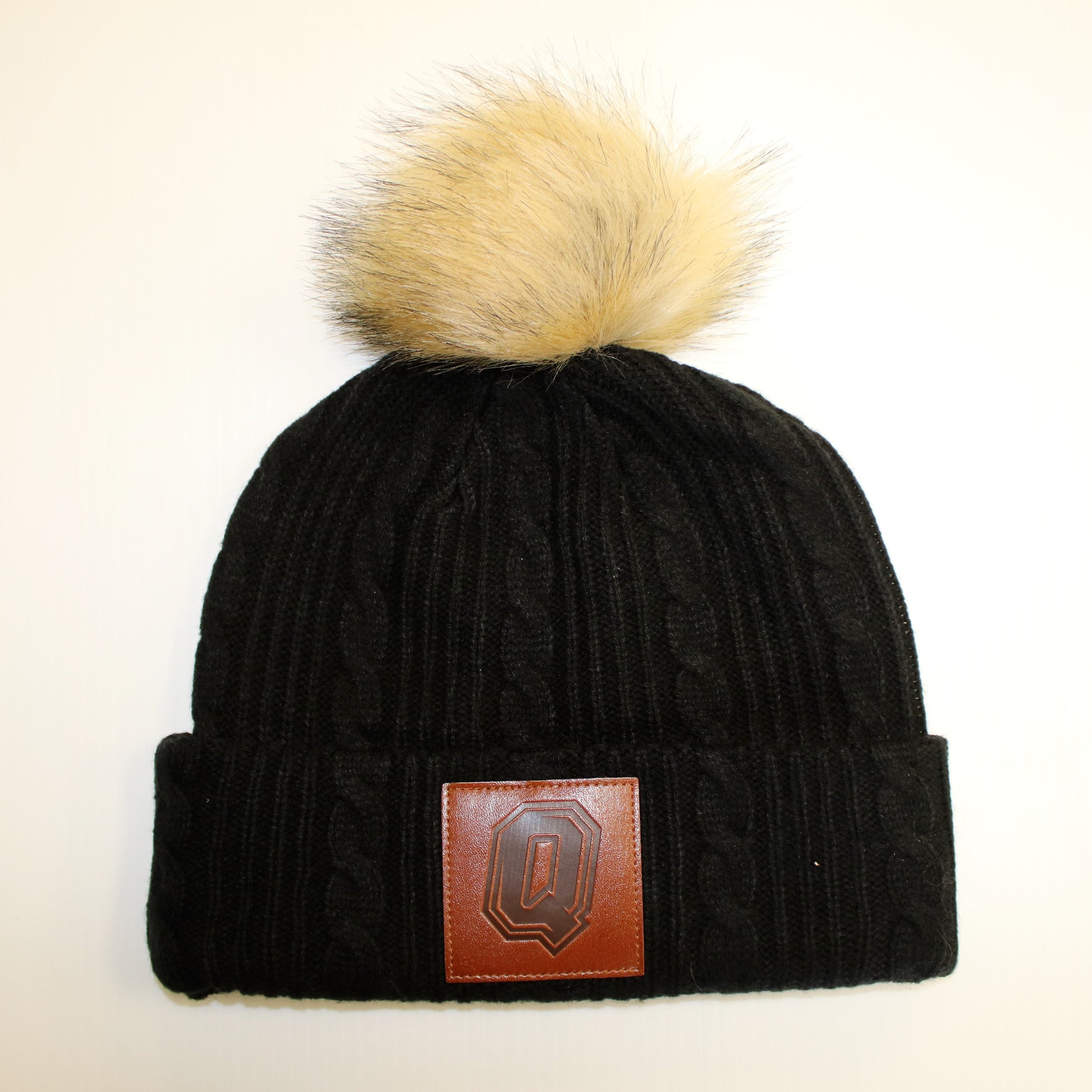 Black Cable Knit Toque Beanie with Pom
