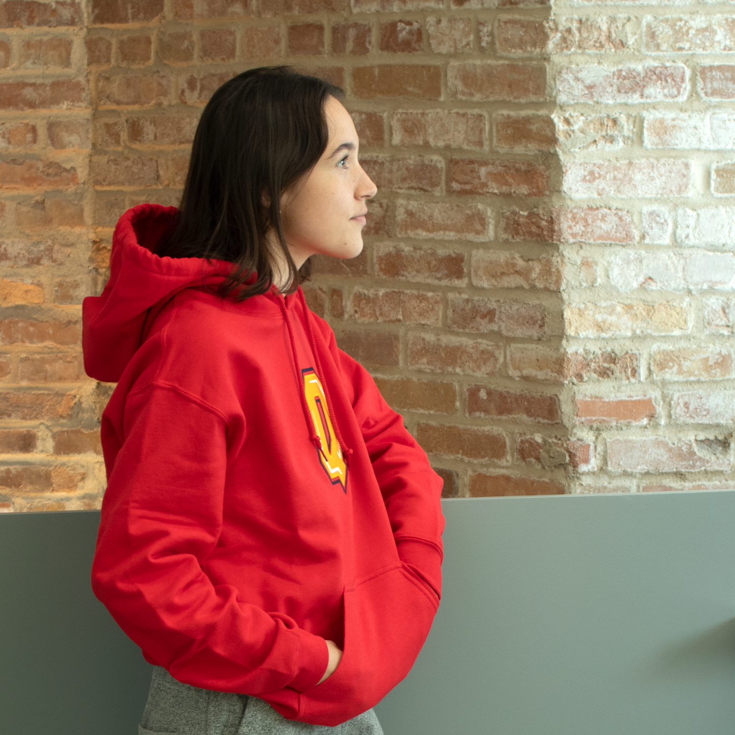 Red Q Hoodie with Female Model